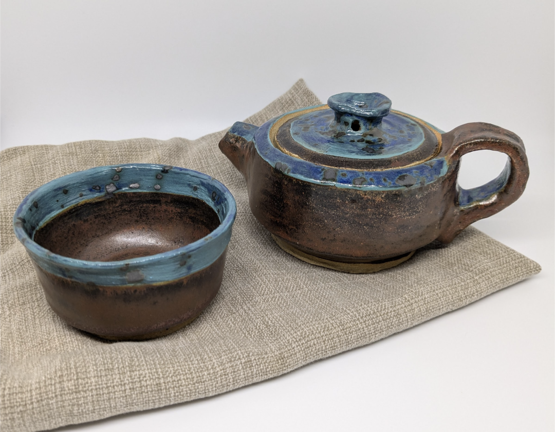 Copper and Speckled Blue Tea Set - Adorable tiny tea set. This little cup holds about 4 fluid ounces, and the teapot will give you 2-3 servings. A lovely gift for kids or moms who enjoy having a little afternoon tea!  - 75
